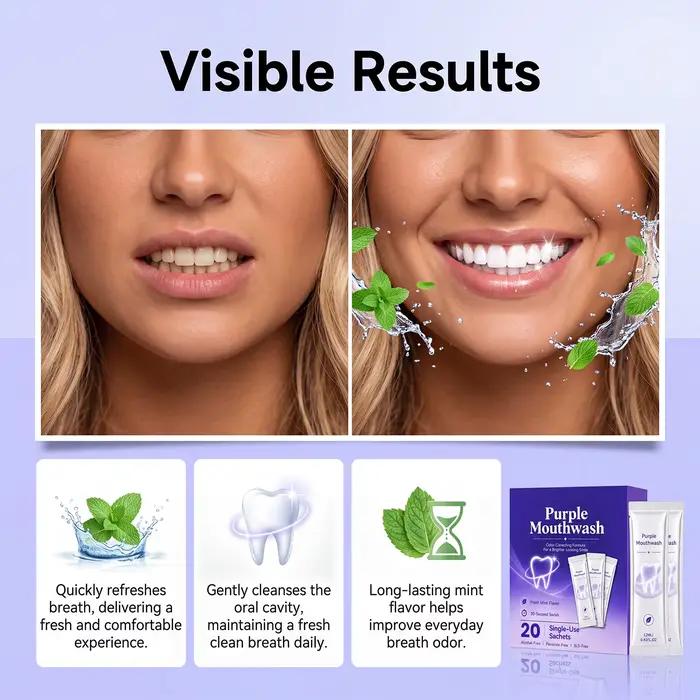 Sachets de bain de bouche violets de 12 ml sans alcool, menthe fraîche, pour voyage, rafraîchissement de l'haleine, nettoyant buccal jetable