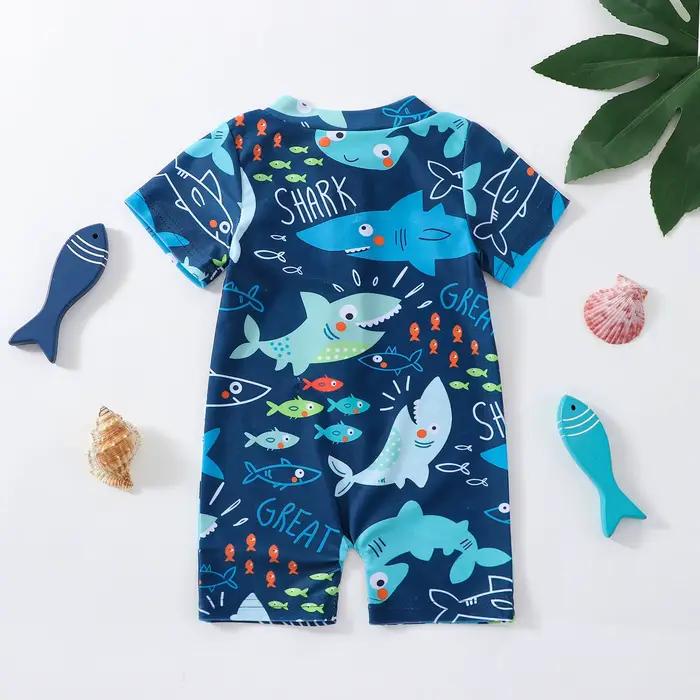 Maillot de bain à manches courtes pour bébé garçon, imprimé requin, avec fermeture éclair, pour l'été