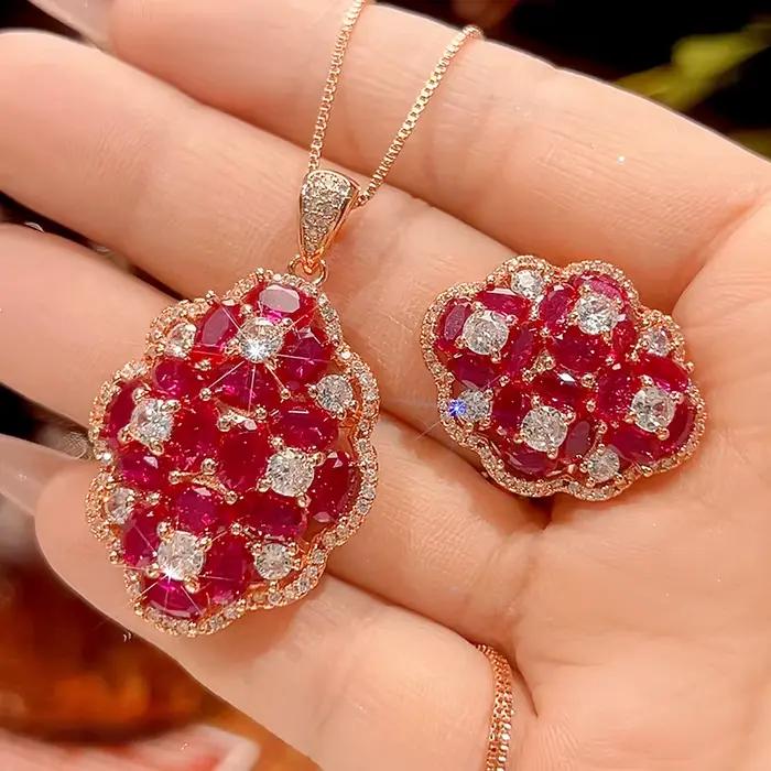 Bijoux en Zircon rubis rouge or Rose, Vintage, forme florale, anneau réglable, pendentif, collier, déclaration pour femmes, cadeau de fête de mariage