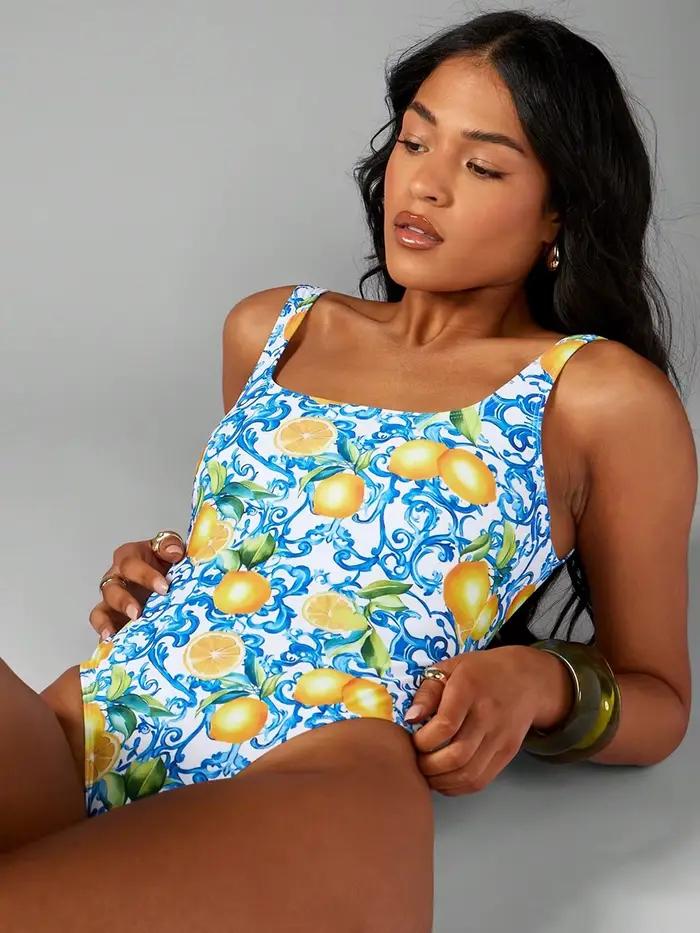 Maillot de bain une pièce imprimé citron pour femme, dos nu, coupe haute, tailles S-XL