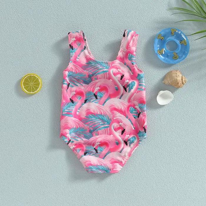 Maillot de bain pour bébé fille, imprimé flamant rose, combinaison sans manches, vêtements de plage, été
