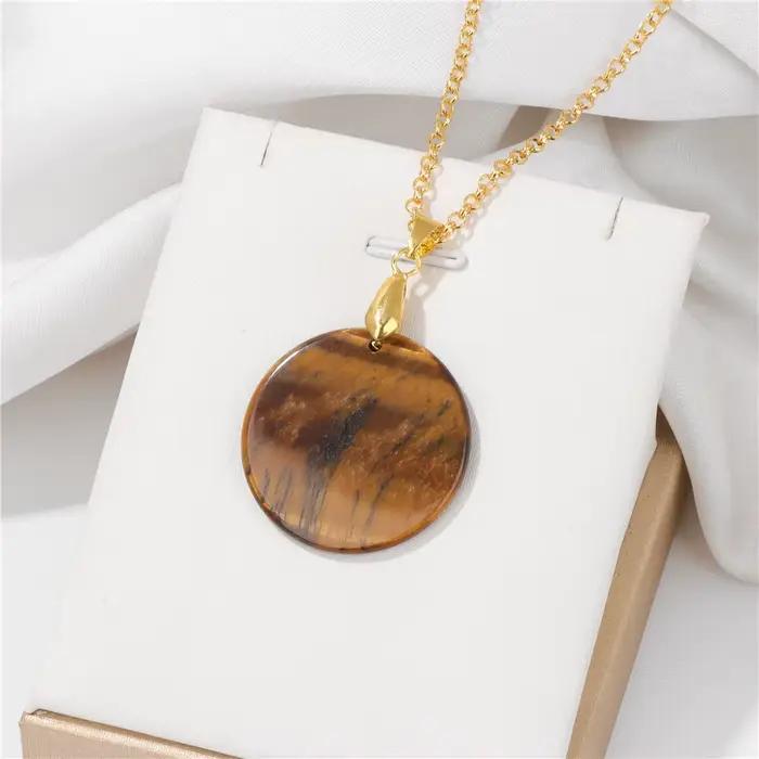 Collier Ras du Cou avec Pendentif Rond en Pierre Naturelle d'Œil de Tigre