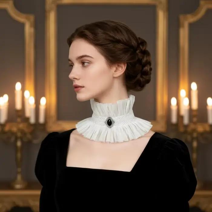 Collier de cou gothique à volants, style victorien noir et blanc, col jabot en dentelle décoré de pierres précieuses, pour cosplay et soirées costumées