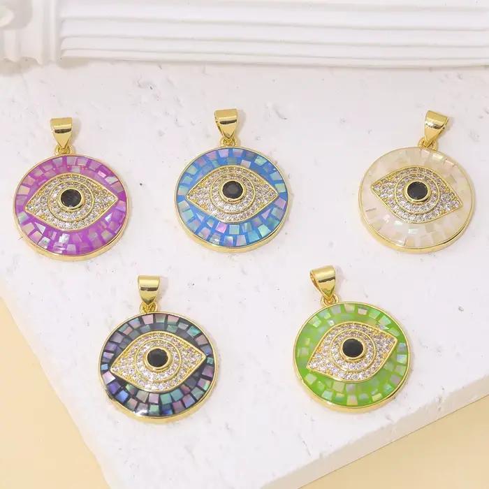 Juya fait à la main 18K véritable plaqué or opale coquille ronde turc grec mauvais œil breloques pour bricolage luxe Talisman pendentif fabrication de bijoux