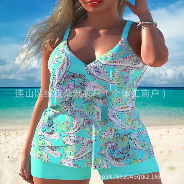 Tankini femme avec short, haut sans manches à col en V, bleu uni, maillot de bain deux pièces taille haute