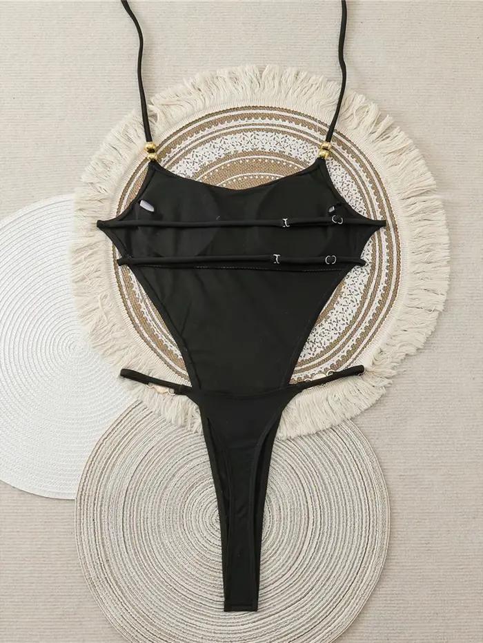 Maillot de bain une pièce femme, mini micro string extrême, coupe haute, dos nu K8417