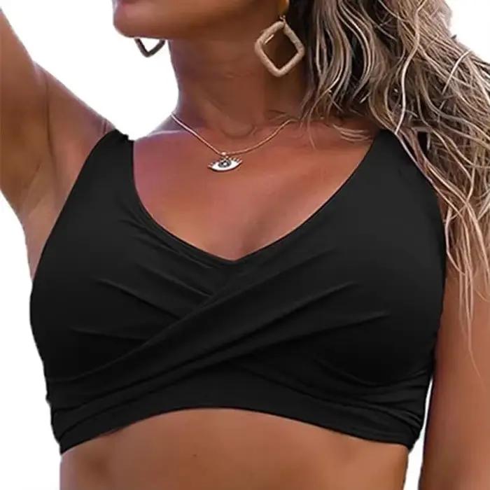 Haut de Bikini pour femmes, col en v, rembourré, maillot de bain, Design avec nœud sur le devant, Style populaire, vêtements de piscine, Tankini, haut pour femme