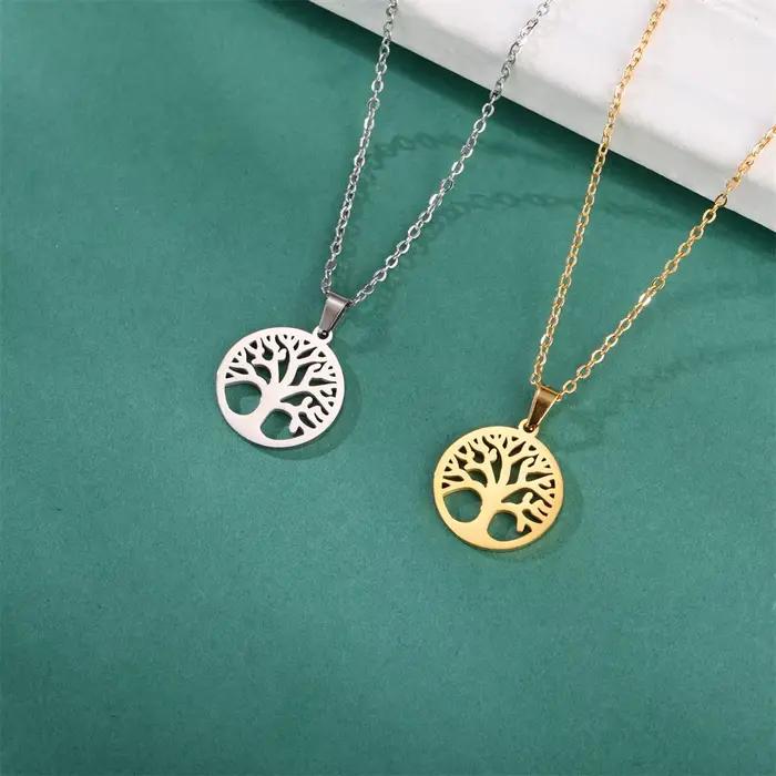 Arbre de vie femmes Collier pendentif rond en acier inoxydable