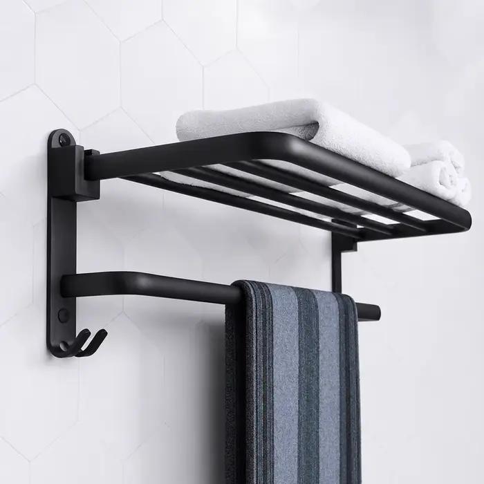 Étagère de salle de bain noire mate avec porte-serviettes, organisateur de douche mural à 2 niveaux, installation sans perçage