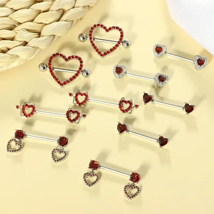 Bijoux de piercing pour tétons en acier inoxydable 14G plaqué or, anneaux de téton roses, rouges et argentés pour femmes, barres de téton mignonnes en forme de cœur et de cerise