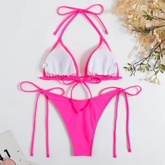 Sexy femmes string couleur unie Bikini ensemble côté licou cravate maillot de bain dames sangle fendue réglable maillot de bain brésilien maillots de bain