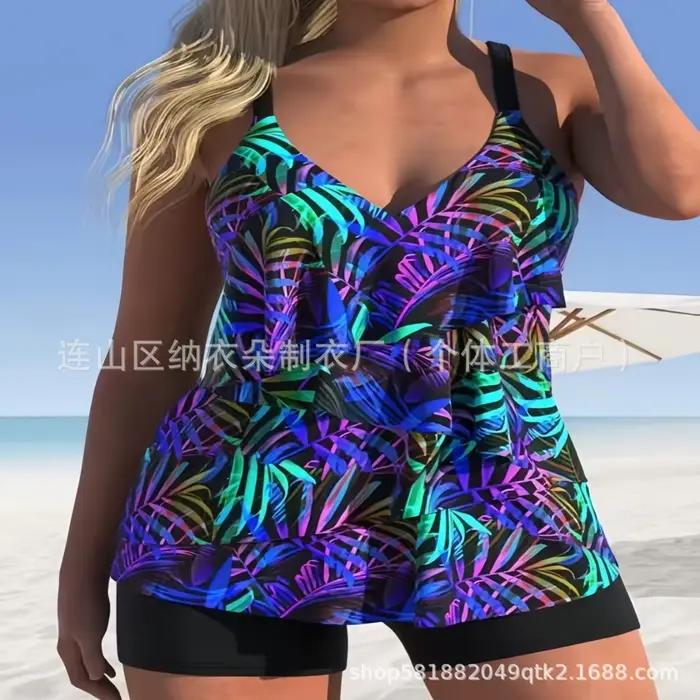 Tankini femme avec short, haut sans manches à col en V, bleu uni, maillot de bain deux pièces taille haute