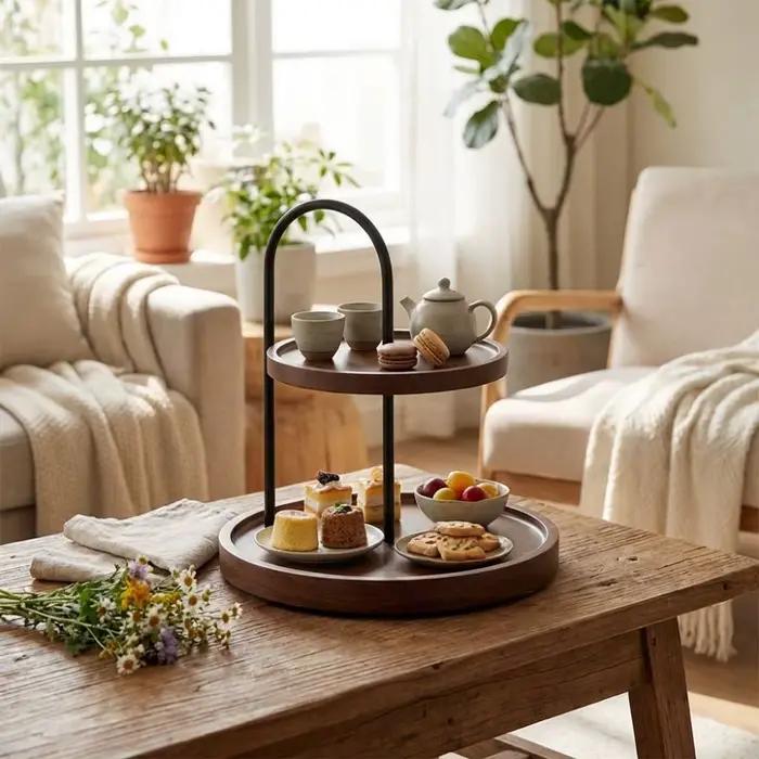 Support de plateau de service en bois, gain de place, décoratif, porte-clés, grande capacité, double couche, support à deux niveaux pour comptoir de salle de bain