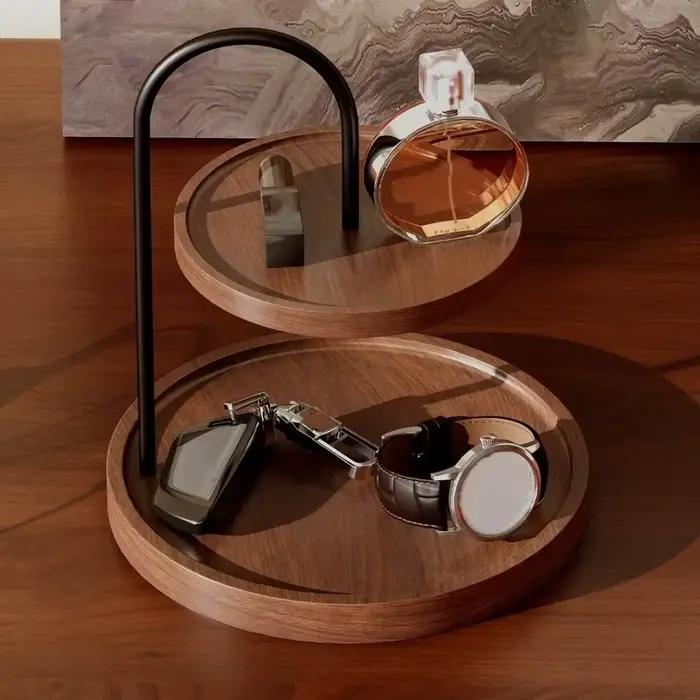 Support de plateau de service en bois, gain de place, décoratif, porte-clés, grande capacité, double couche, support à deux niveaux pour comptoir de salle de bain