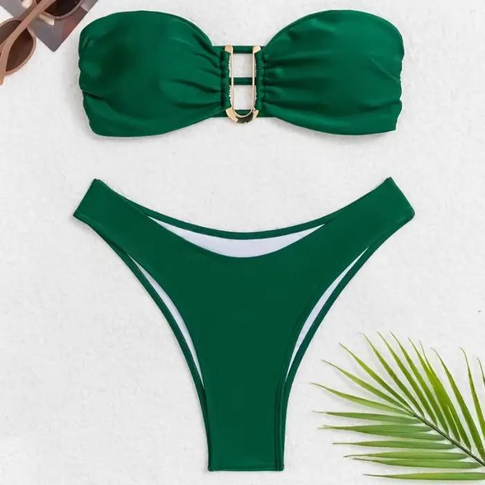 Maillot de bain bandeau push-up d'été avec bretelles, ensemble bikini couleur unie, maillot de bain sexy pour femme, bikini brésilien de plage pour femme