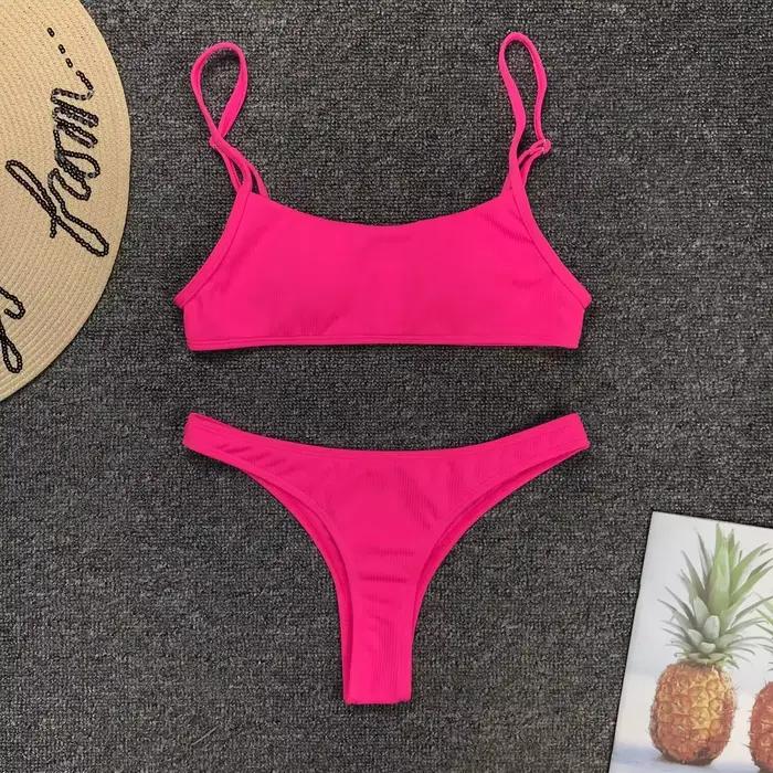 Néon rose vif Micro Bikini Push Up maillot de bain femmes rembourré été plage porter maillot de bain Mujer string maillots de bain Biquini brésilien