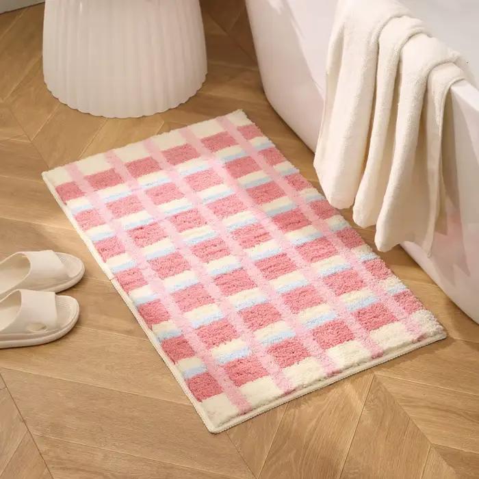 VIKAMA Tapis de salle de bain à carreaux vert et blanc, patchwork tricolore, motif géométrique, tapis antidérapant pour salle de bain, décoration de la maison
