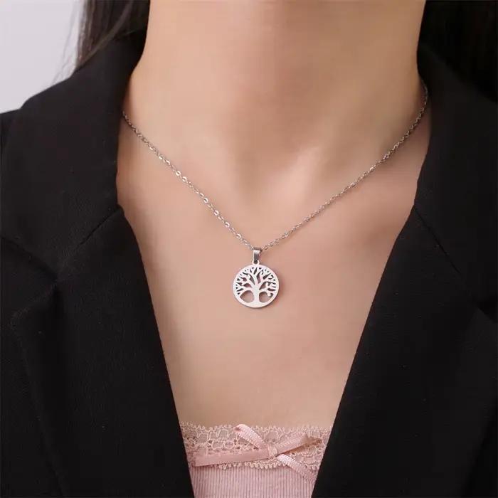 Arbre de vie femmes Collier pendentif rond en acier inoxydable