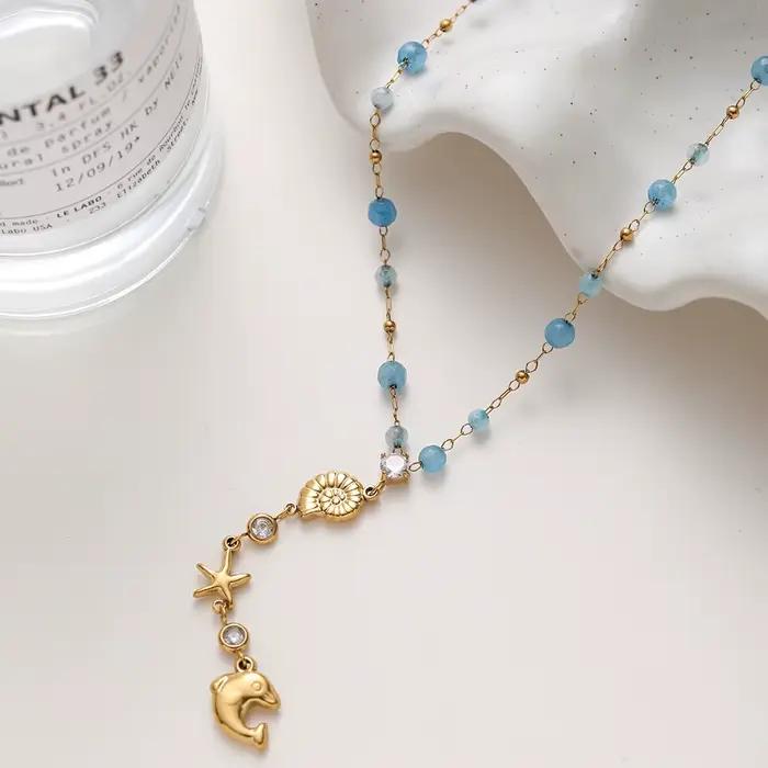 Collier Pendentif Étoile de Mer et Conque en Zirconium