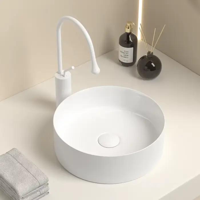 Lavabo de salle de bain moderne en céramique : blanc/gris foncé, finition mate, diamètre 36 cm/14 pouces, adapté à la vanité de salle de bain (sans robinet)