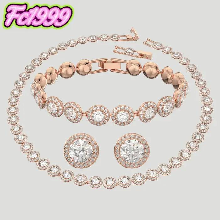 Ensemble de bijoux rond en or rose S925, boucles d'oreilles, bracelet, collier uniques, pour tous les jours, les fêtes et les banquets.