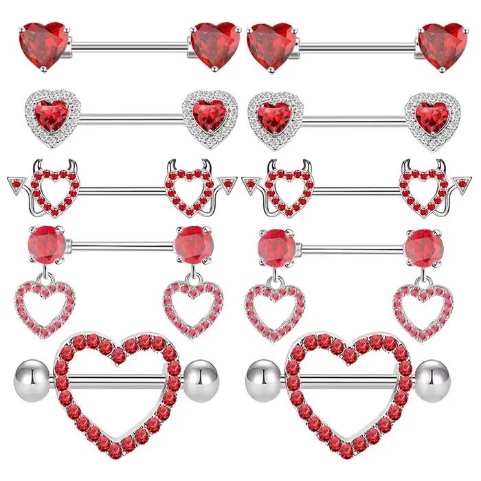Bijoux de piercing pour tétons en acier inoxydable 14G plaqué or, anneaux de téton roses, rouges et argentés pour femmes, barres de téton mignonnes en forme de cœur et de cerise