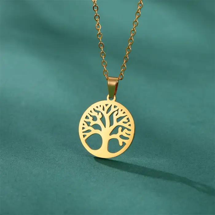 Arbre de vie femmes Collier pendentif rond en acier inoxydable
