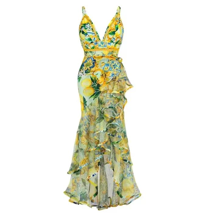 Maillot de bain une pièce, col en v, épissure en dentelle, imprimé citron, transfrontalier, populaire, ensemble pour femmes, à la mode et élégant, nouvelle collection 2024