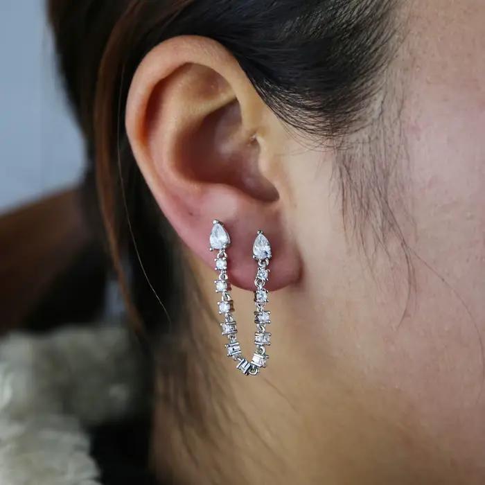 Boucle d'oreille double piercing pour femme, bijoux fantaisie pour fille, 5A Clear CZ Station Link, JOTassel Stud, 1 PC