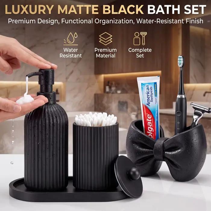 Ensemble d'accessoires de salle de bain mats, kit de toilette haut de gamme avec gobelet porte-brosse à dents, distributeur de savon, pot à coton-tiges et plateau, cadeau idéal pour l'inauguration d'u