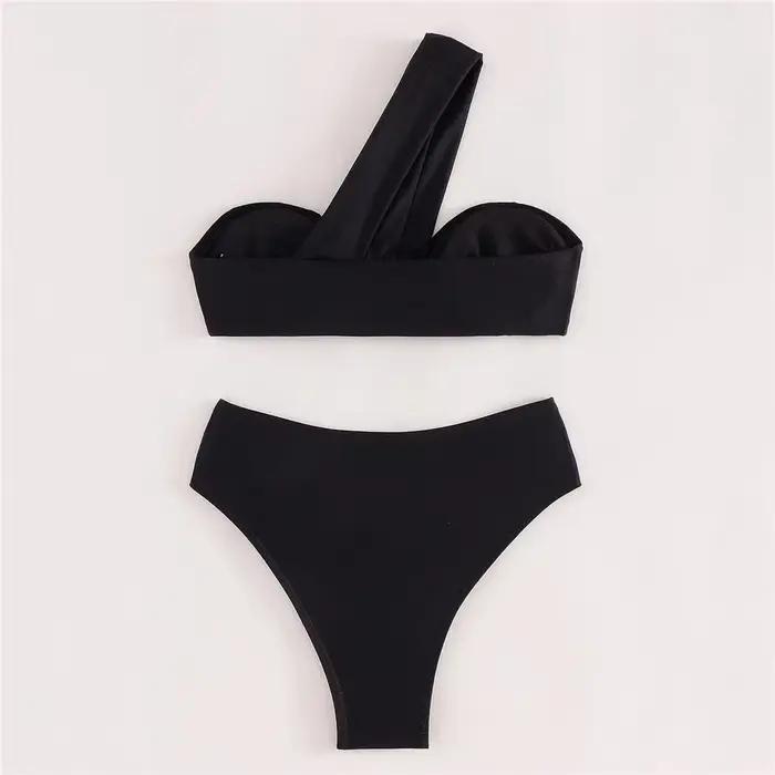 Marron une épaule Bikini taille haute Sexy maillot De bain femmes 2026 maillots De bain unis maillot De bain Bandeau Bikinis ensembles De Mujer Biquini
