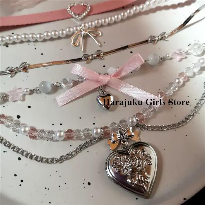 Chapelet coeur arc Fairycore perles tour de cou rose dentelle collier Y2K Pixie Fairycore Cottagecore collier bijoux accessoires cadeau