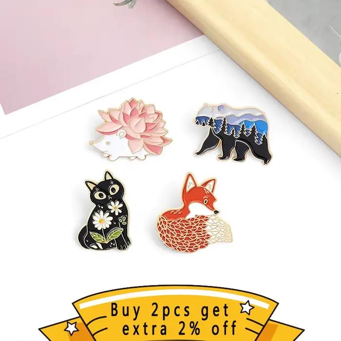 Paysage fleur tatouage animaux émail broche hérisson renard ours chat revers Badges dessin animé broches cadeaux pour amis bijoux en gros
