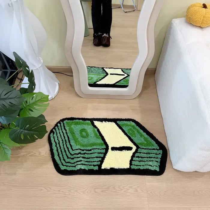 Tapis touffeté vert Dollar de dessin animé, tapis de salle de bain, paillasson d'entrée, sol antidérapant, décoration esthétique pour la maison