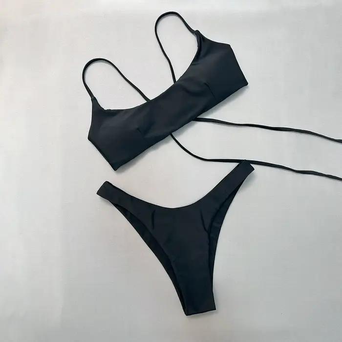 Nouveau Maillot de Bain Femme 2026 Couleur Unie Rembourré Sexy avec Lacets au Dos Ensemble Bikini Taille Basse Tenue de Plage Look Vacances