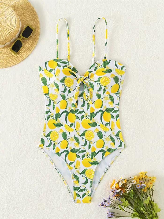 Nouveau Maillot de Bain Une Pièce Noué Imprimé Citron 2026 pour Femme, Monokini à Coupe Haute, Maillot de Bain K6093