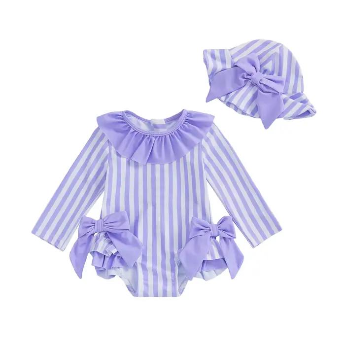 Maillot de bain pour bébés filles, Bikini à nœud rayé avec chapeau, maillot de bain pour nouveau-né, pour le bain d'été