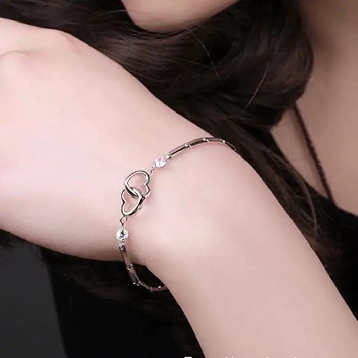 Bracelets en argent Sterling 925 pour femmes, breloques, cadeau de saint-valentin, Zircon cubique, Double cœur, bijoux, nouvelle collection