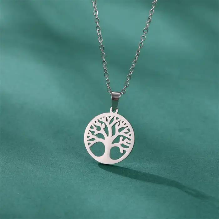 Arbre de vie femmes Collier pendentif rond en acier inoxydable