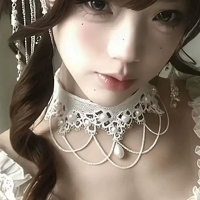 Nouveaux colliers ras-du-cou en dentelle blanche imitation perle pour femmes, collier ras-du-cou avec pendentif en dentelle à pampilles style tatouage, bijoux de mariée
