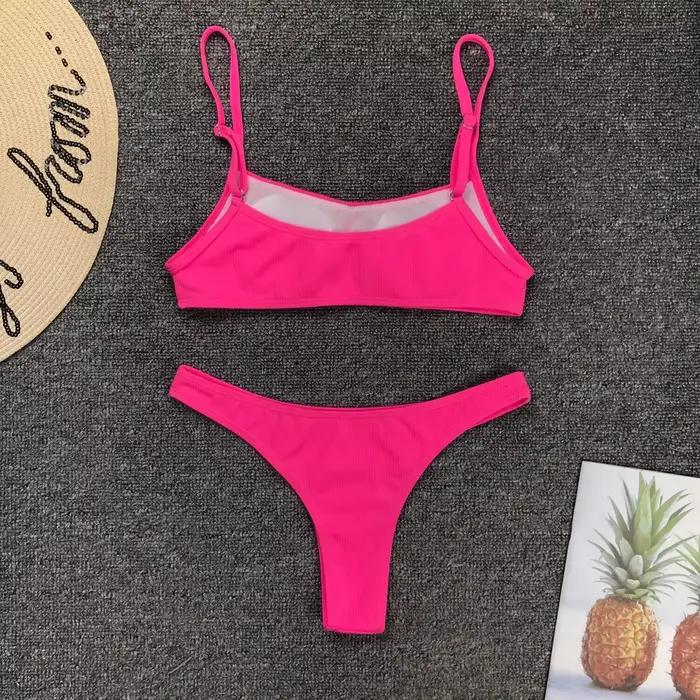 Néon rose vif Micro Bikini Push Up maillot de bain femmes rembourré été plage porter maillot de bain Mujer string maillots de bain Biquini brésilien