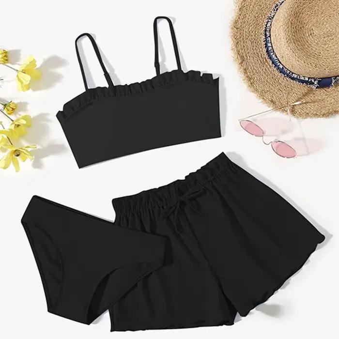 Maillot de bain pour filles 2026, ensemble 3 pièces pour adolescentes, maillot de bain uni à volants, ensemble bikini, tenue de plage d'été 10-16 ans
