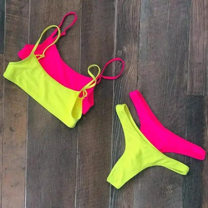 Néon rose vif Micro Bikini Push Up maillot de bain femmes rembourré été plage porter maillot de bain Mujer string maillots de bain Biquini brésilien