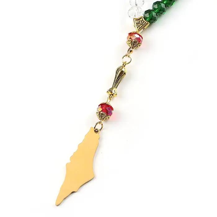 Pendentif de voiture Carte de la Palestine Drapeau Lettres Arabes pour Femmes Hommes Acier Inoxydable Couleur Argent Perles de Prière Colorées Bijoux