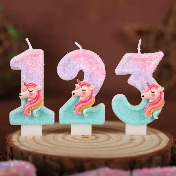 Bougies numériques licorne de dessin animé 0-9 chiffres, pour enfants, fête d'anniversaire, Festival, décoration de gâteau, accessoires d'ambiance, bougie à thème amusant