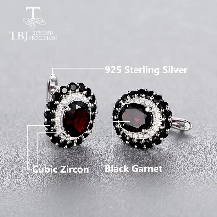 TBJ-Ensemble bague et boucles d'oreilles en argent regardé 925 pour femme, pierre précieuse grenat noir naturel, bijoux fins, fête et tenue quotidienne, nouveau style