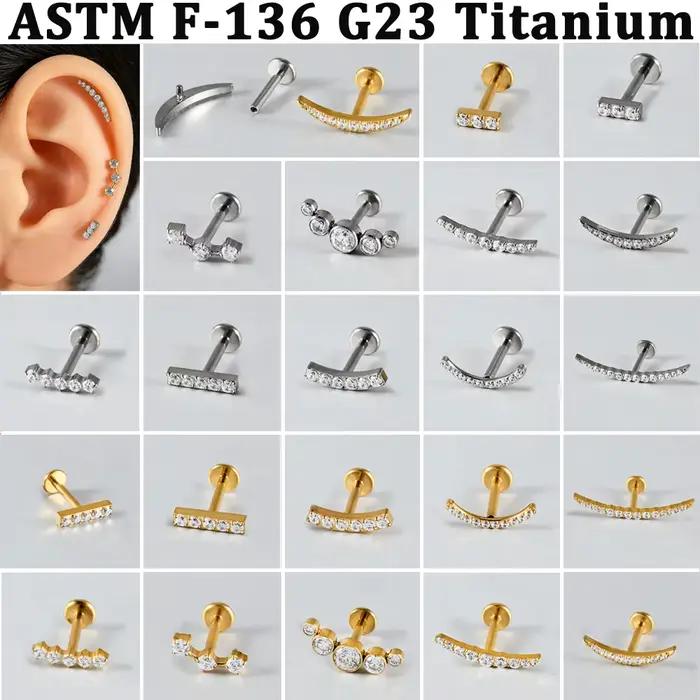 1 pièce Piercing en zircon brillant, pavé de zircons cubiques, à dos plat incurvé, avec vis interne, pour lèvre, nez, oreille, cartilage, tragus, rook, conch