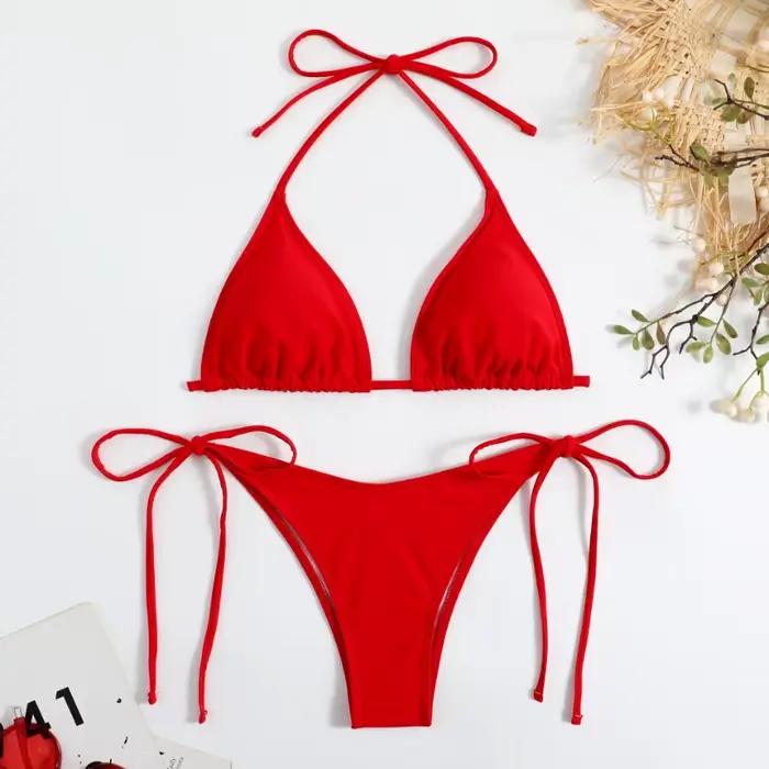Sexy femmes string couleur unie Bikini ensemble côté licou cravate maillot de bain dames sangle fendue réglable maillot de bain brésilien maillots de bain