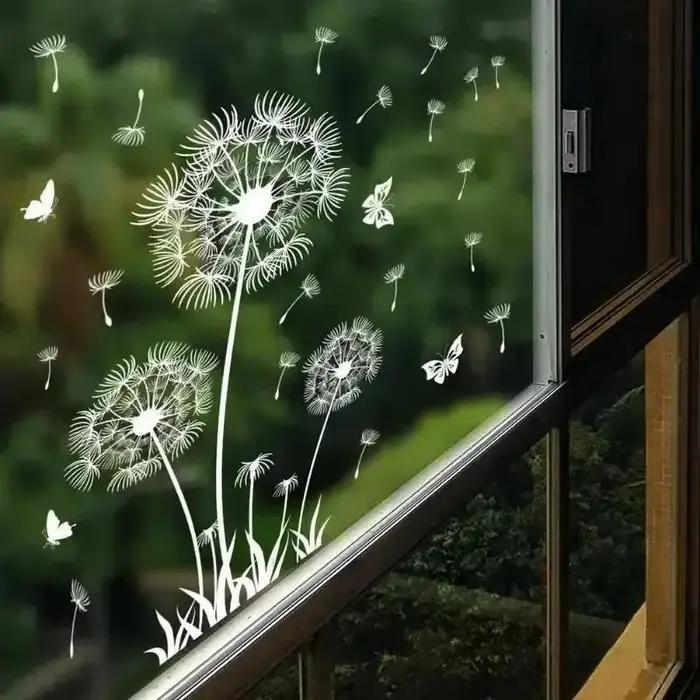 Nouveau papier peint de décoration de noël pour la maison, autocollant mural électrostatique blanc pissenlit papillon, fenêtre en verre, décalcomanies à motif Double face