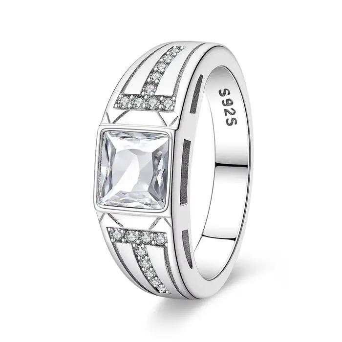 Bague pour homme en argent S925 pour la Saint-Valentin 2026, avec double T carré et zircon blanc étincelant, pour bijoux fins DIY